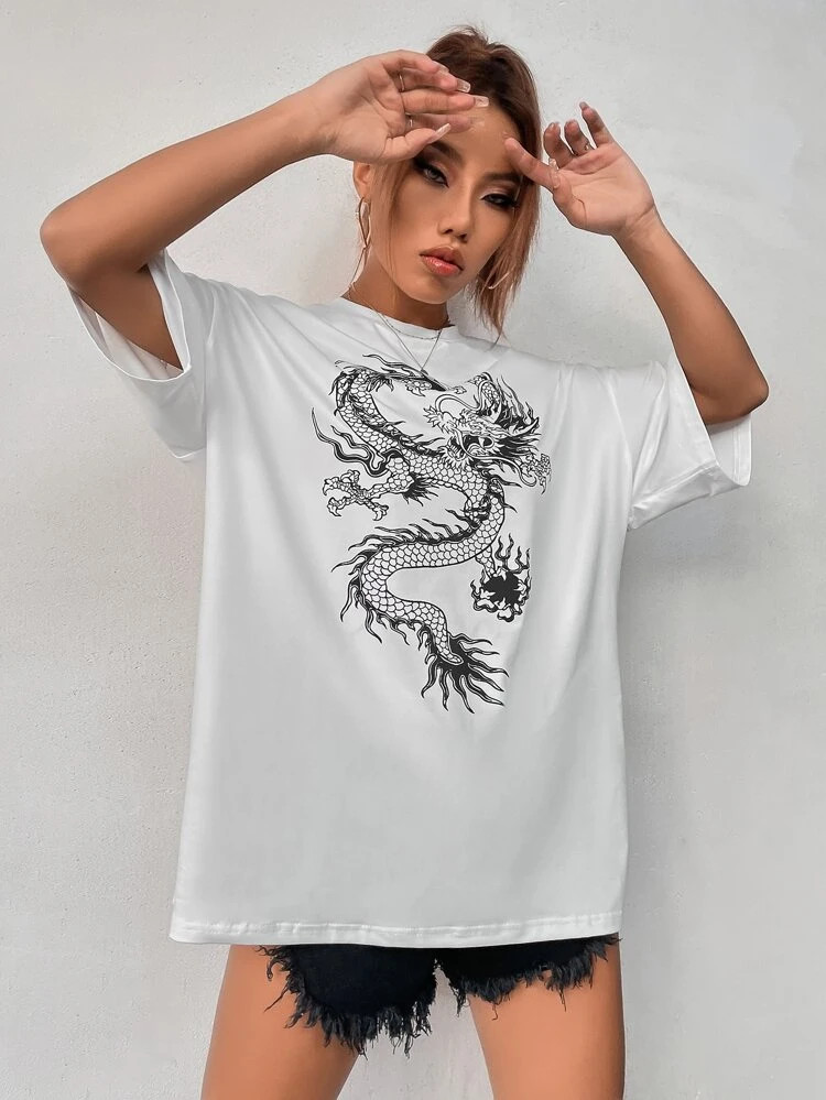 Fifth Avenue DIFT506 Oversized Dragon Printed T-Shirt - White