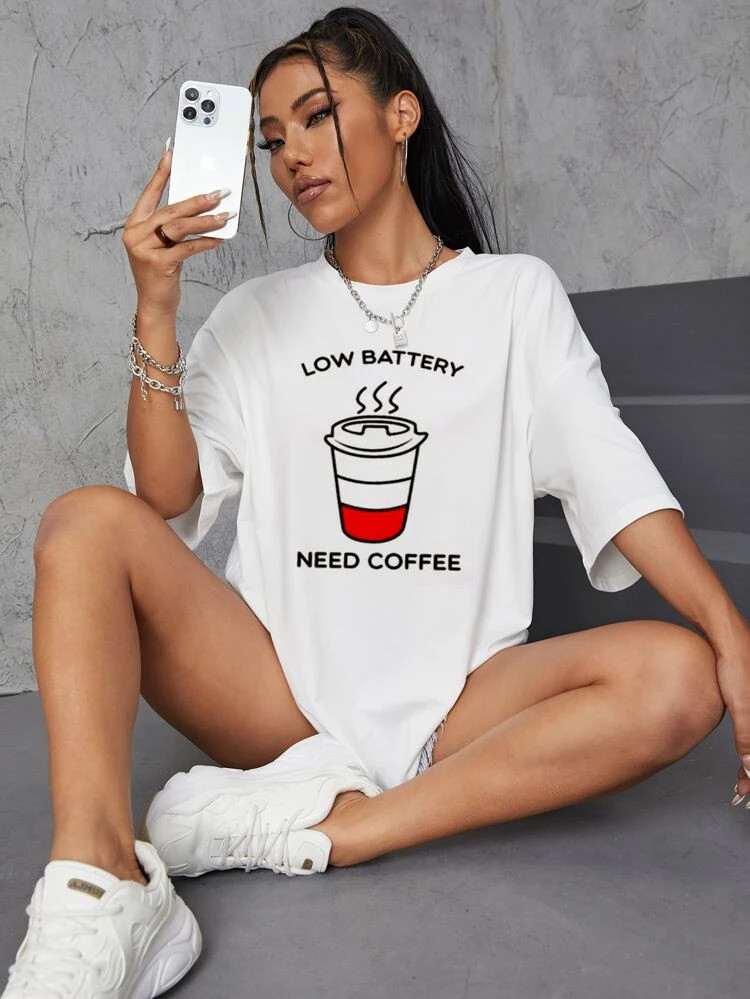 Fifth Avenue DIFT512 Oversized Coffee Printed T-Shirt - White