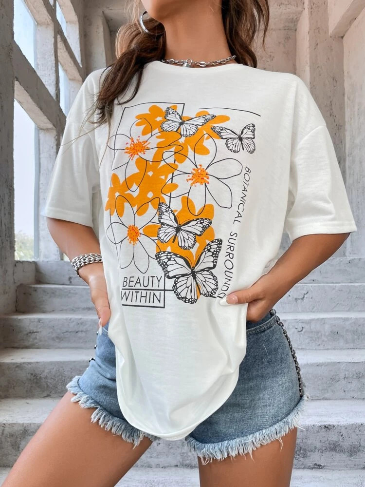 Fifth Avenue DIFT516 Oversized Floral Printed T-Shirt - White