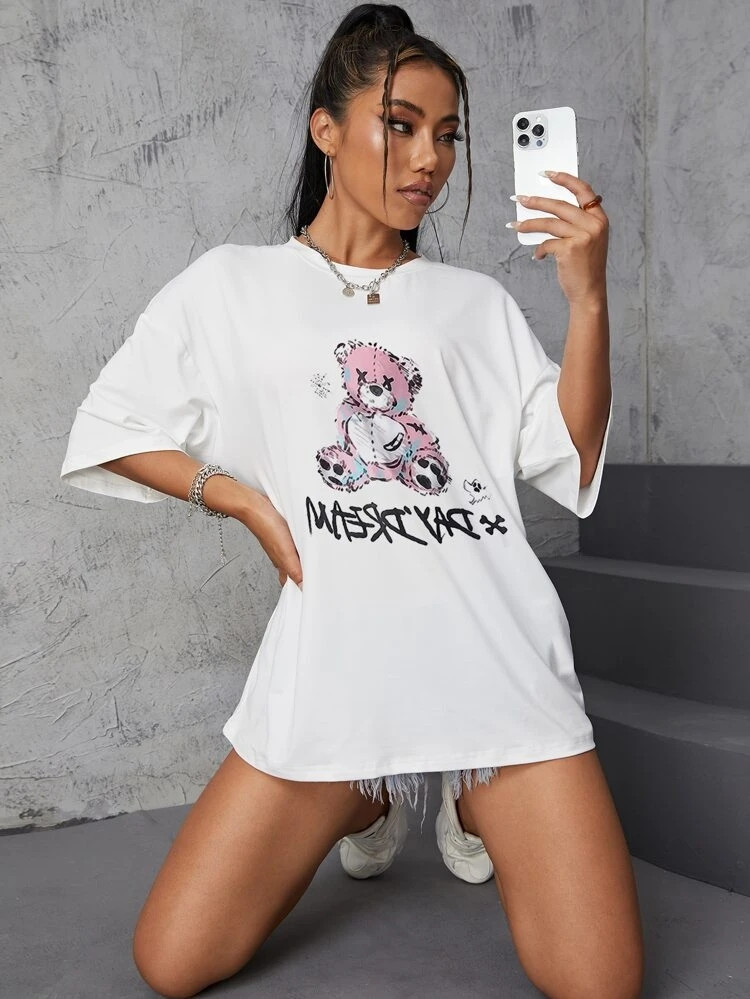Fifth Avenue DIFT526 Oversized Bear Printed T-Shirt - White