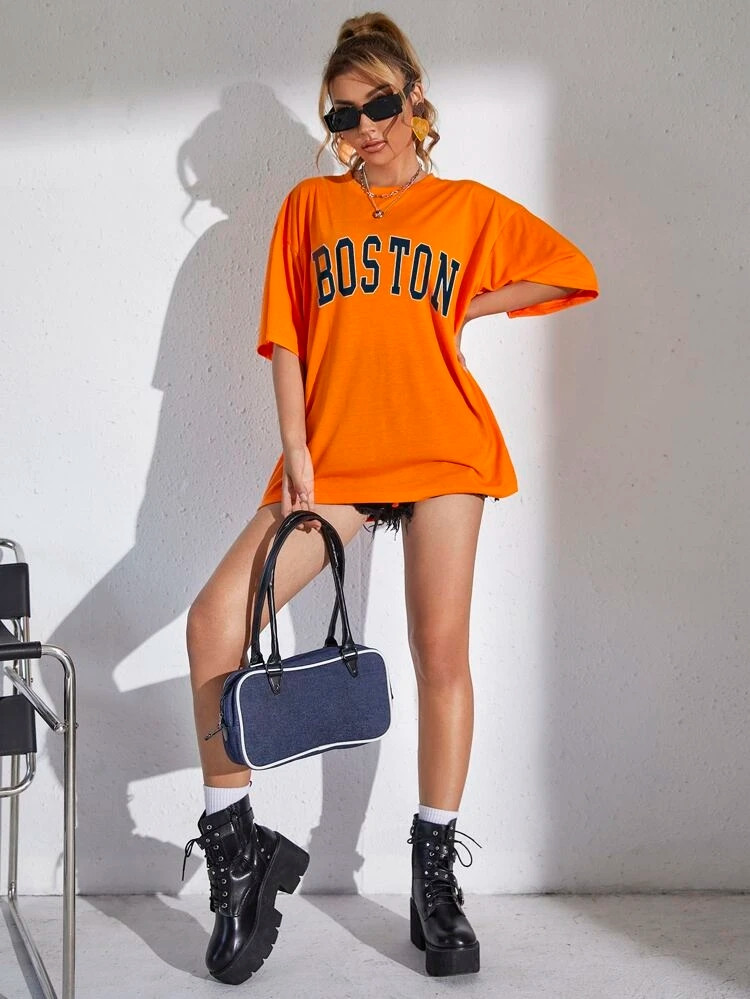 Fifth Avenue DIFT528 Oversized Boston Printed T-Shirt - Orange