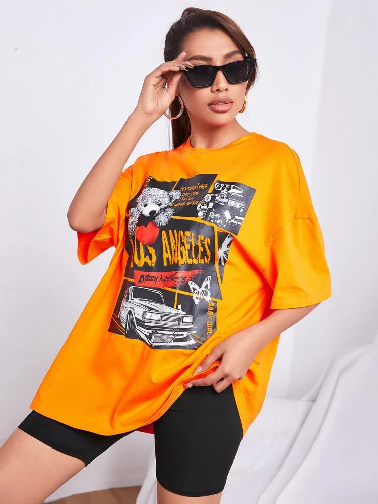 Fifth Avenue DIFT529 Oversized News Printed T-Shirt - Orange