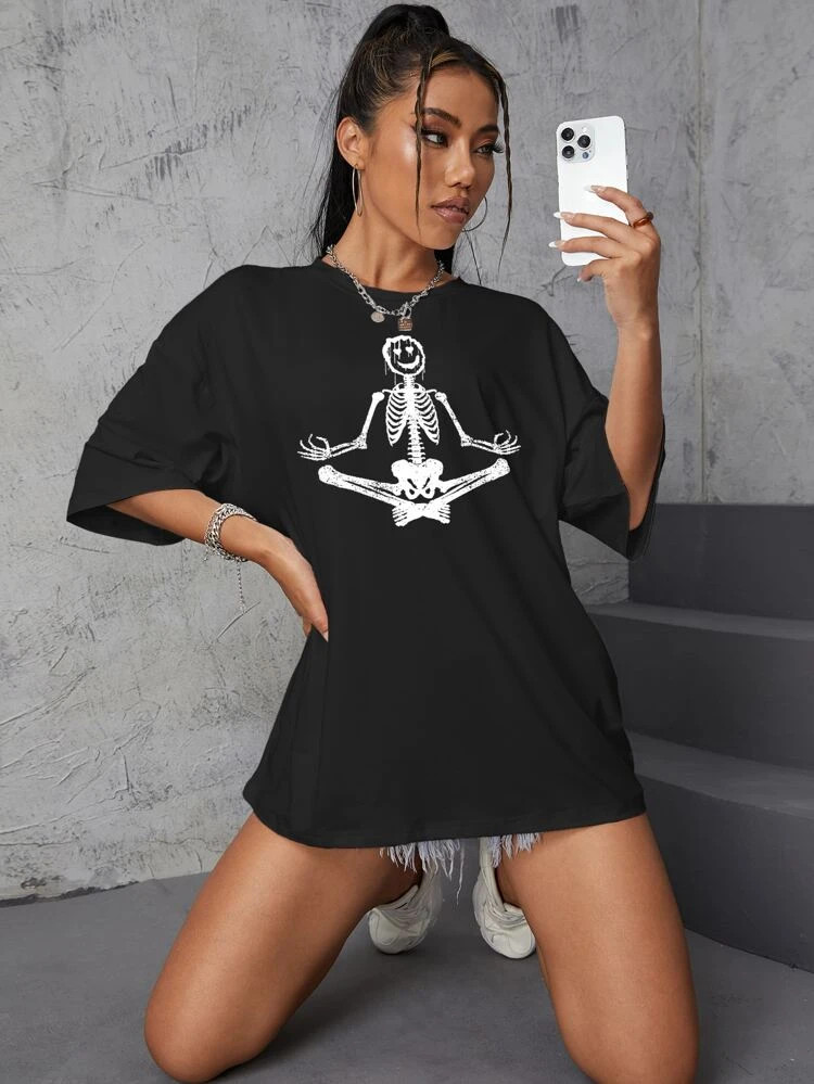 Fifth Avenue DIFT537 Oversized Skeleton Yoga Printed T-Shirt - Black
