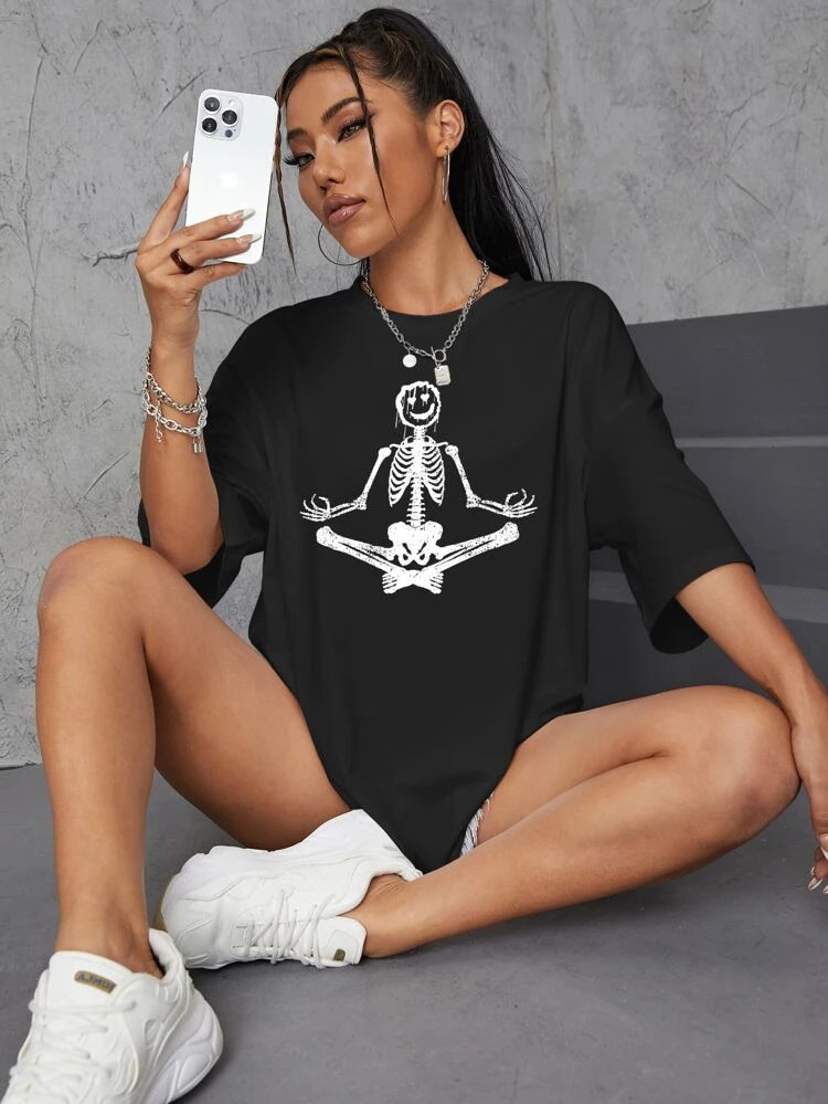 Fifth Avenue DIFT537 Oversized Skeleton Yoga Printed T-Shirt - Black