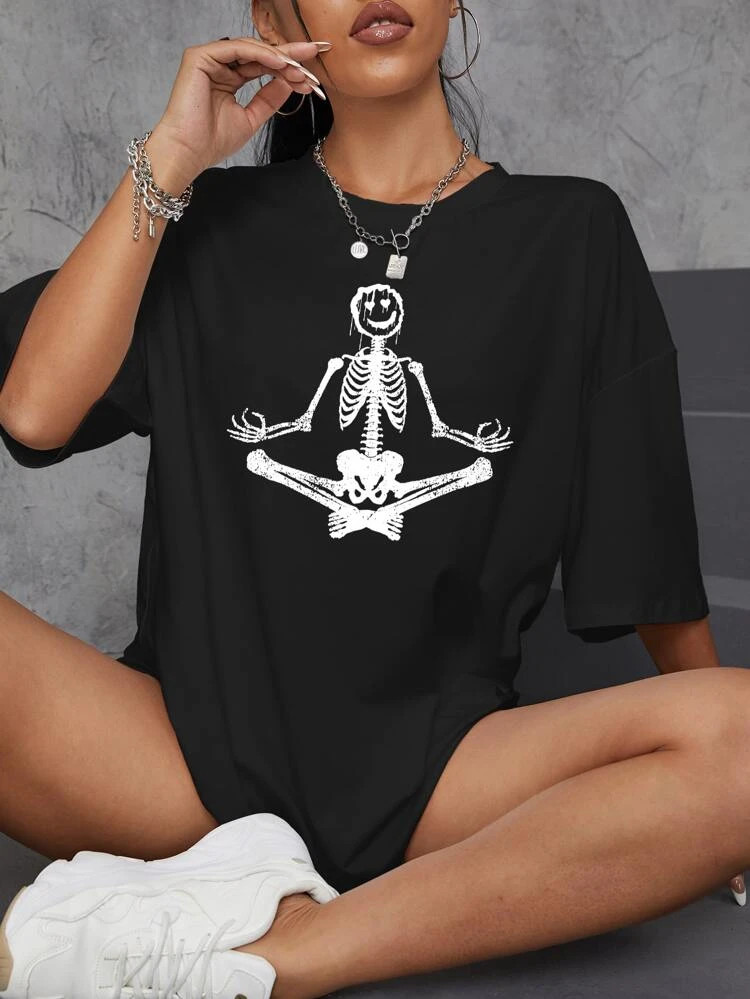 Fifth Avenue DIFT537 Oversized Skeleton Yoga Printed T-Shirt - Black