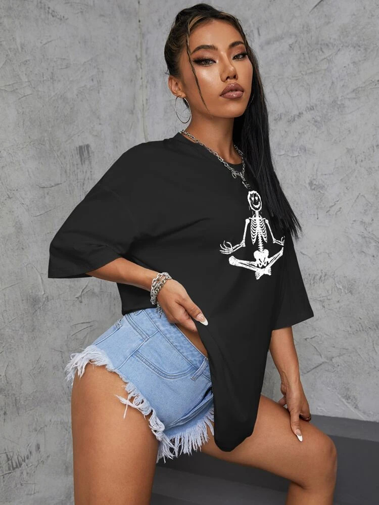 Fifth Avenue DIFT537 Oversized Skeleton Yoga Printed T-Shirt - Black
