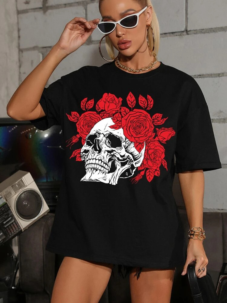 Fifth Avenue DIFT538 Oversized Skull Floral Printed T-Shirt - Black