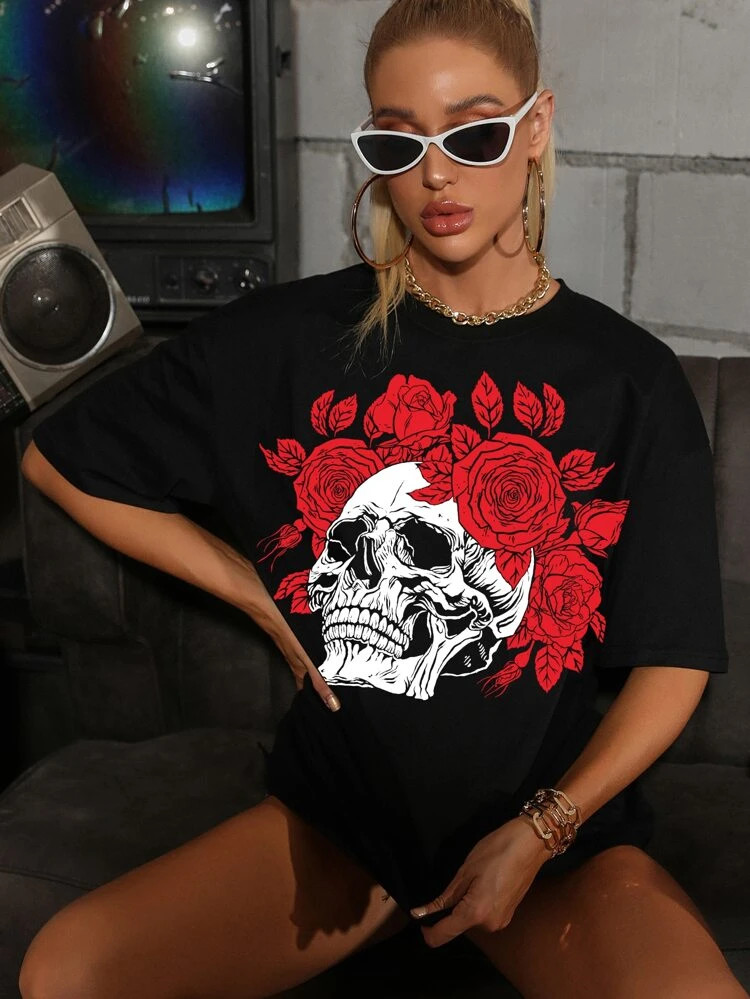 Fifth Avenue DIFT538 Oversized Skull Floral Printed T-Shirt - Black