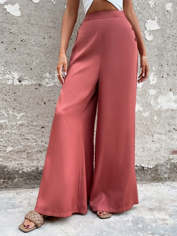 Fifth Avenue Women's Button Detail Wide Leg Pants FAWLP28