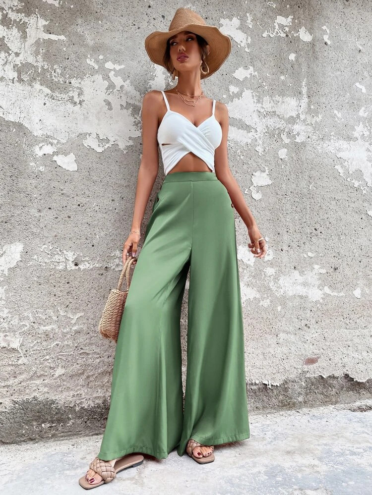 Fifth Avenue Women's Button Detail Wide Leg Pants FAWLP29