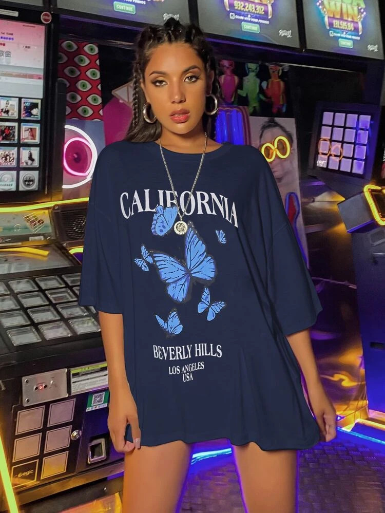 Fifth Avenue DIFT548 California Butterfly Printed Oversized T-Shirt - Blue