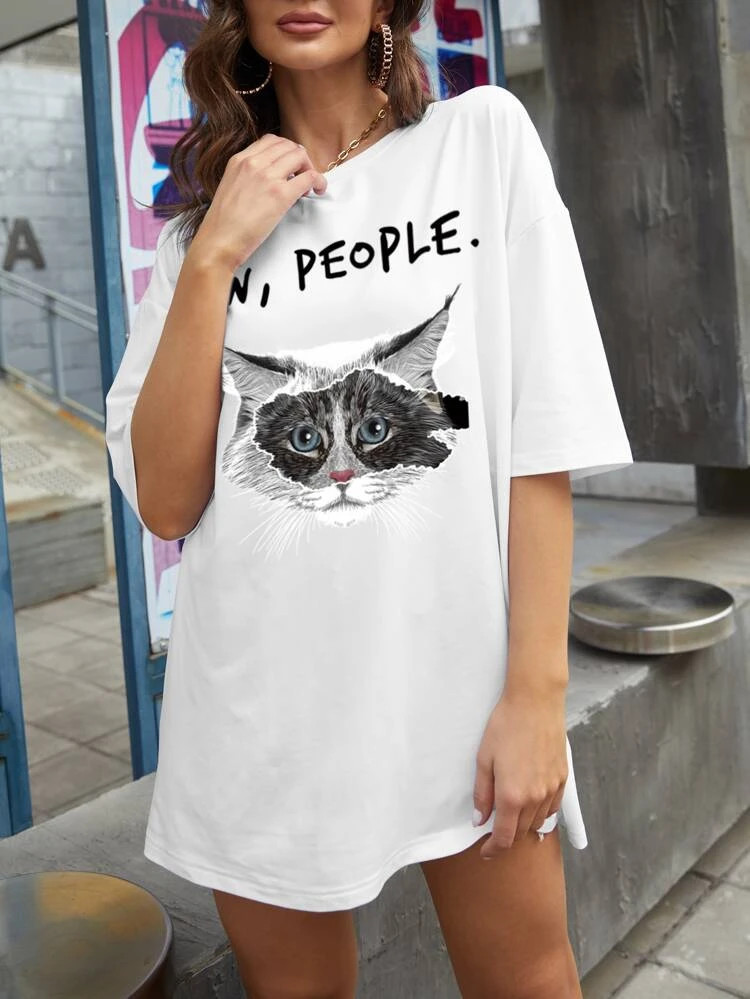 Fifth Avenue DIFT552 Ew People Printed Oversized T-Shirt - White