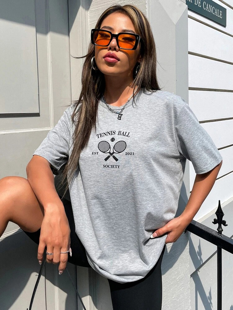 Fifth Avenue DIFT553 Tennis Printed Oversized T-Shirt - Grey