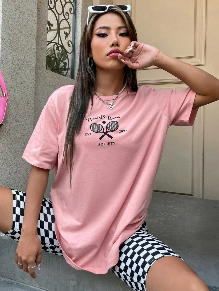 Fifth Avenue DIFT553 Tennis Printed Oversized T-Shirt - Pink
