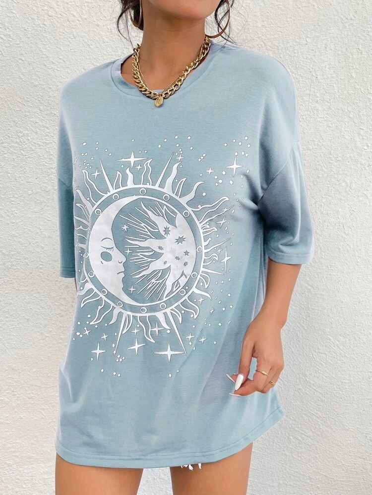 Fifth Avenue DIFT554 Sun Printed Oversized T-Shirt - Blue