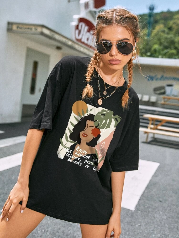 Fifth Avenue DIFT563 Figure Printed Oversized T-Shirt - Black