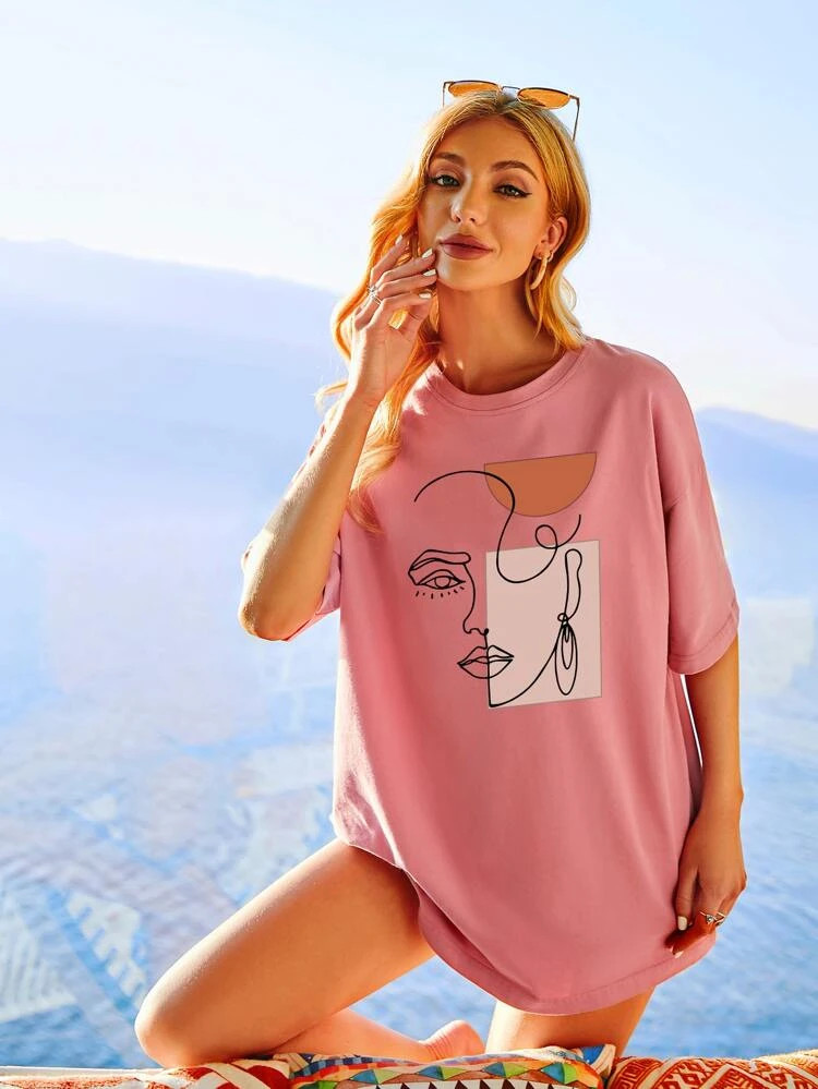 Fifth Avenue DIFT564 Figure Printed Oversized T-Shirt - Pink