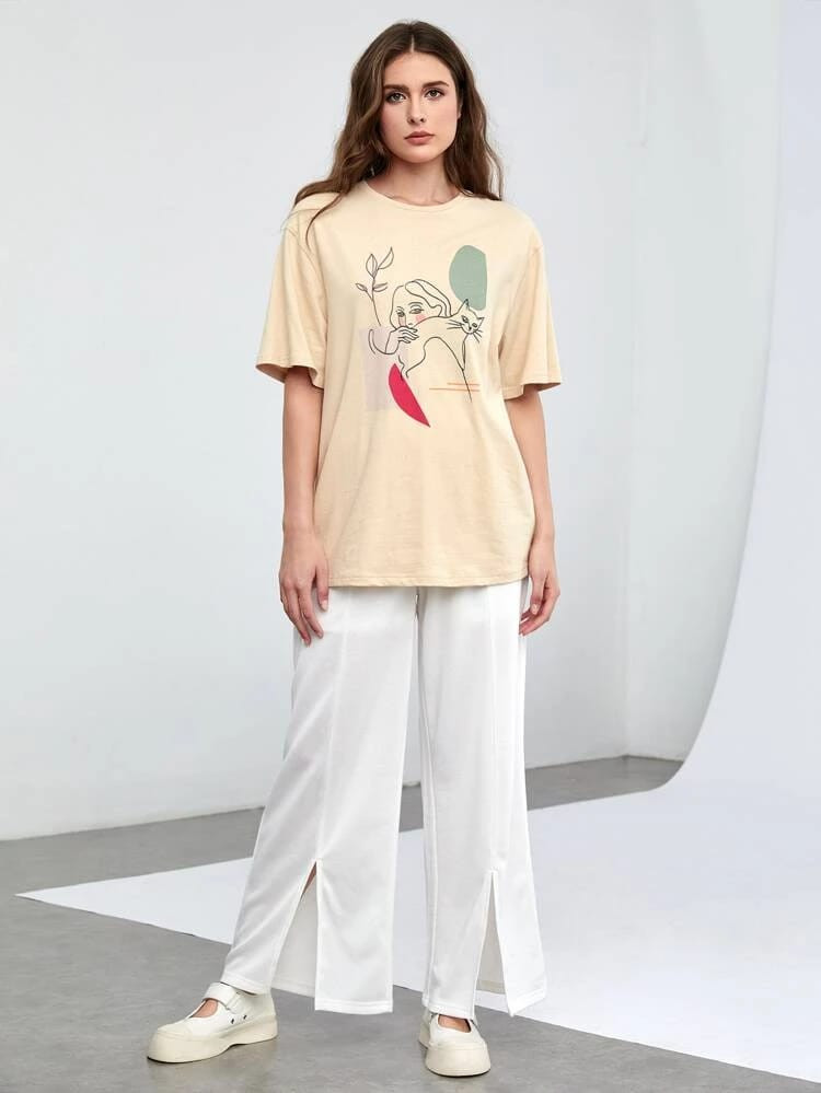 Fifth Avenue DIFT565 Figure Printed Oversized T-Shirt - Cream