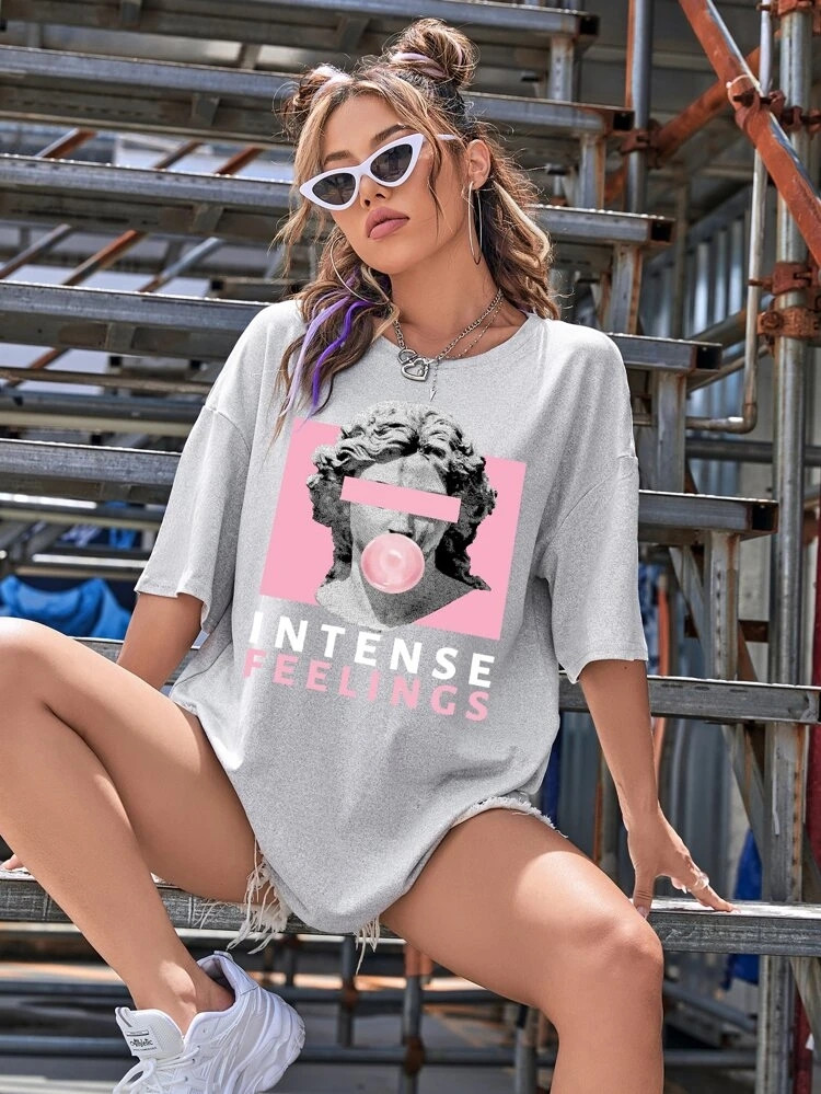 Fifth Avenue DIFT569 Intense Feelings Printed Oversized T-Shirt - Grey