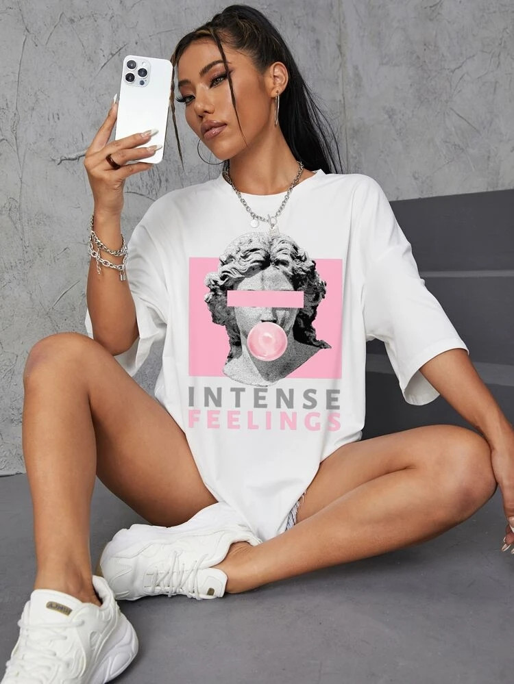 Fifth Avenue DIFT569 Intense Feelings Printed Oversized T-Shirt - White