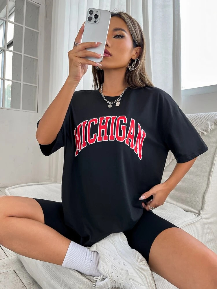 Fifth Avenue DIFT570 Michigan Printed Oversized T-Shirt - Black