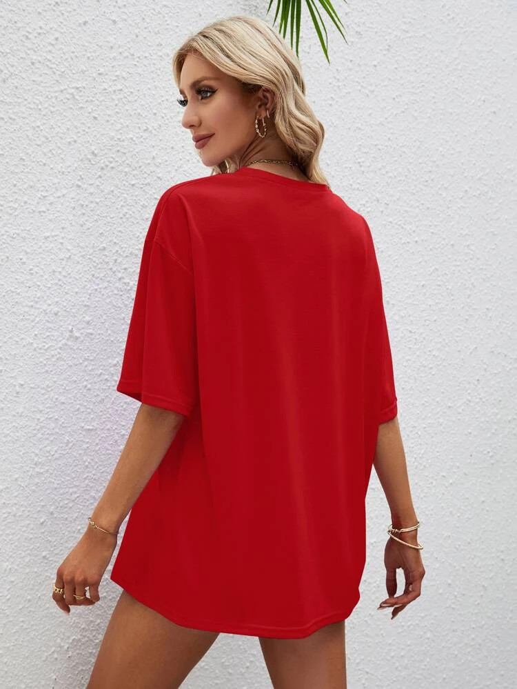 Fifth Avenue DIFT571 Smile Printed Oversized T-Shirt - Red