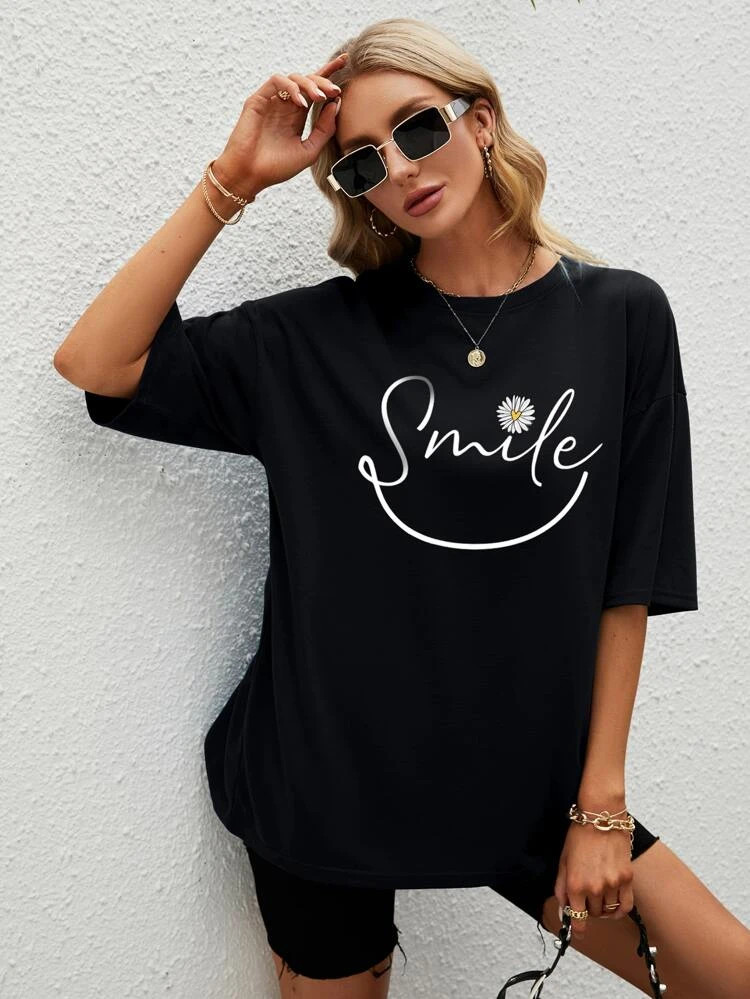 Fifth Avenue DIFT571 Smile Printed Oversized T-Shirt - Black