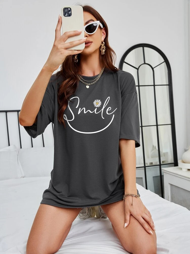 Fifth Avenue DIFT571 Smile Printed Oversized T-Shirt - Charcoal