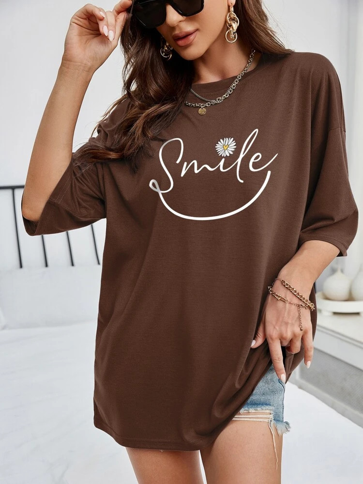 Fifth Avenue DIFT571 Smile Printed Oversized T-Shirt - Brown