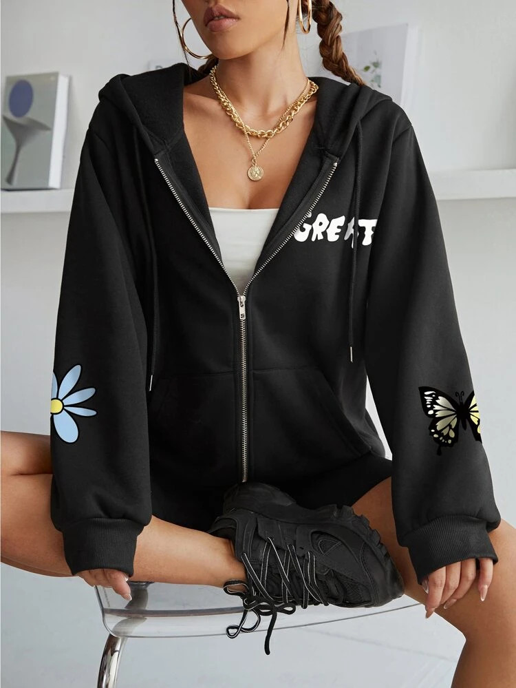 Fifth Avenue DIFT600 Butterfly Print Zip Hoodie - Black