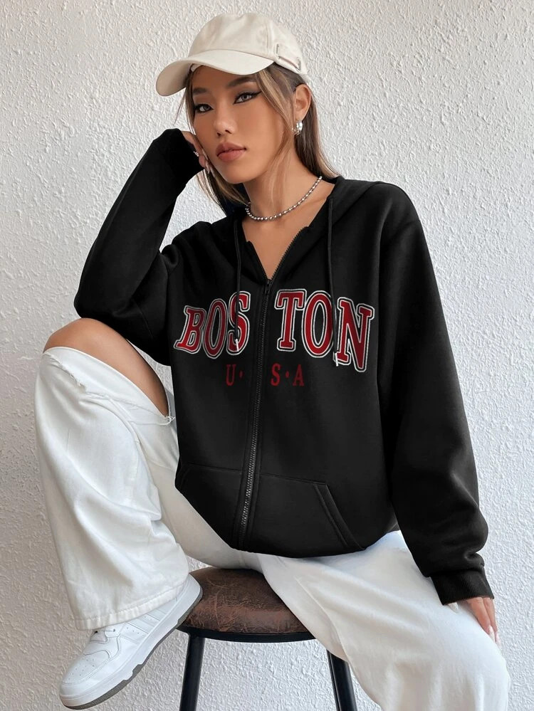 Fifth Avenue DIFT738 Boston Print Zip Hoodie - Black