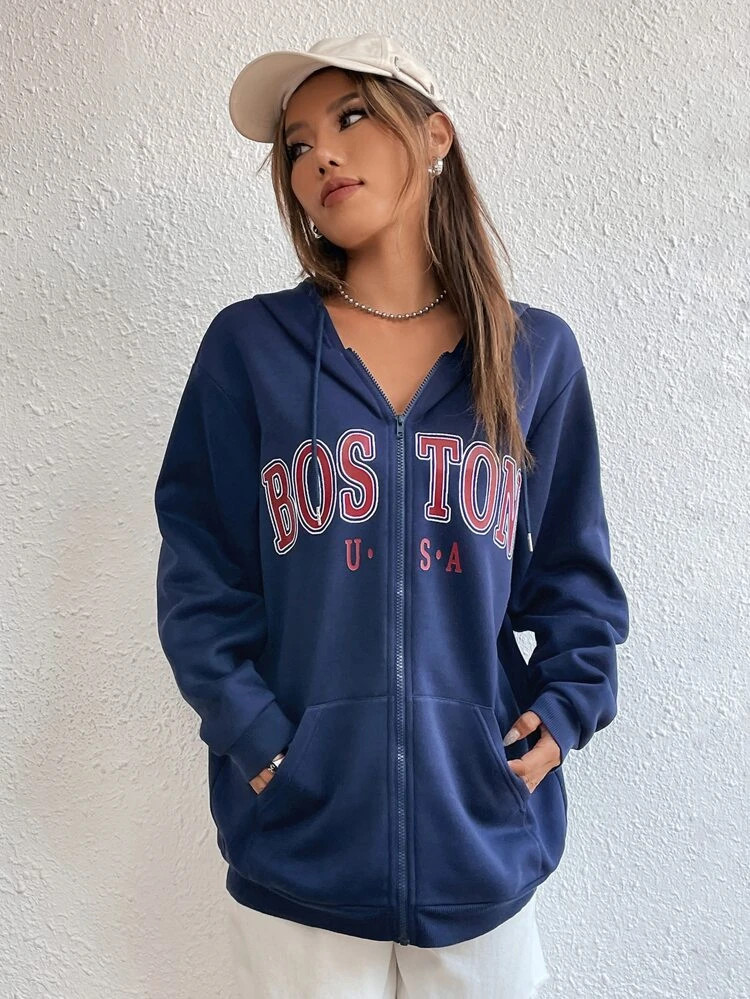 Fifth Avenue DIFT738 Boston Print Zip Hoodie - Navy Blue