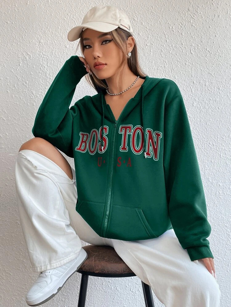 Fifth Avenue DIFT738 Boston Print Zip Hoodie - Green