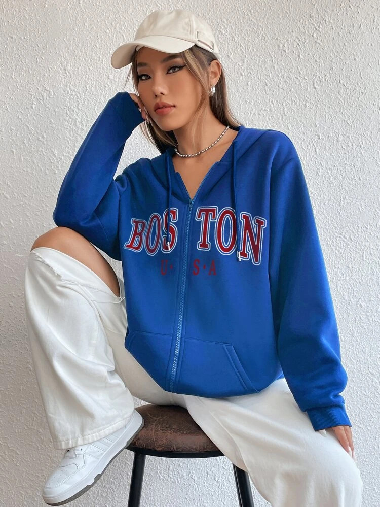 Fifth Avenue DIFT738 Boston Print Zip Hoodie - Royal Blue