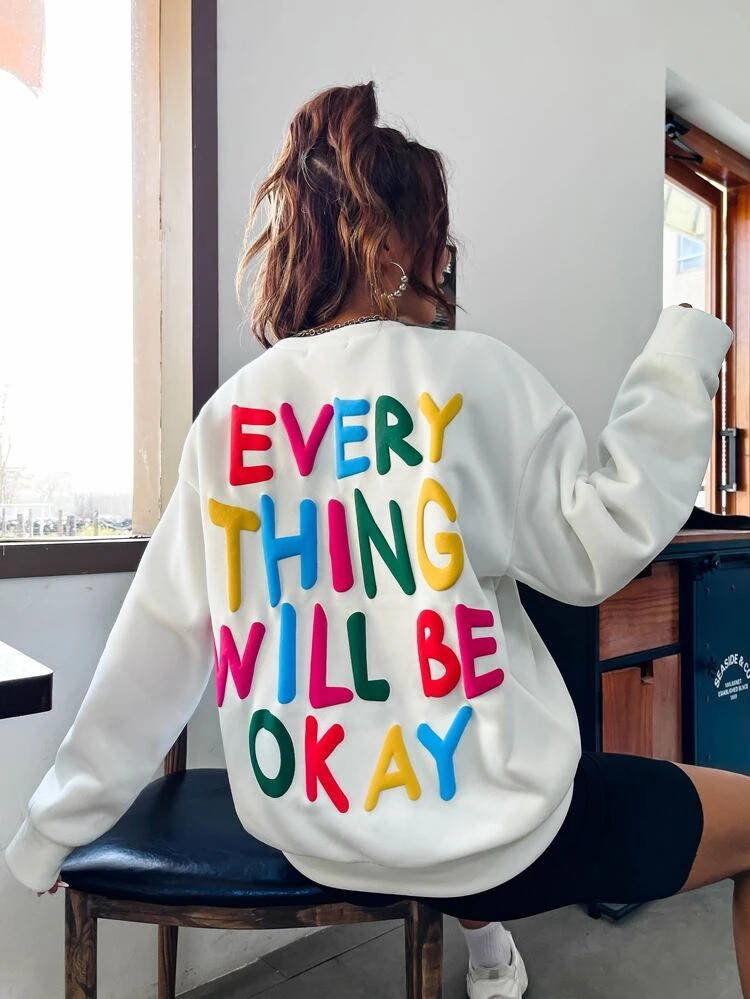 Fifth Avenue DIFT772 Everything Will Be Ok Printed Sweatshirt - White