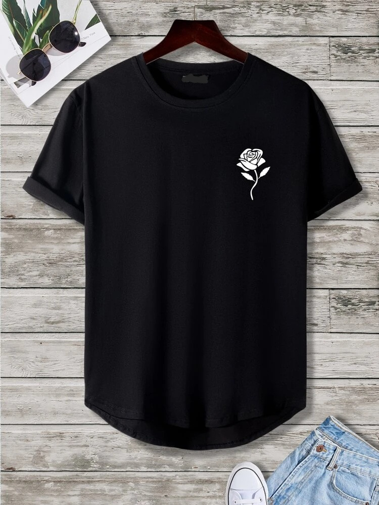 Fifth Avenue Floral Pocket Printed MIFT350 AOKI Dip Hem T-Shirt - Black