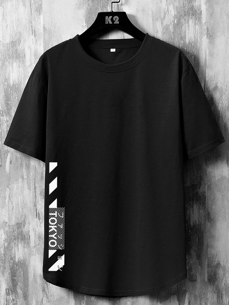 Fifth Avenue Tokyo Printed MIFT355 AOKI Dip Hem T-Shirt - Black