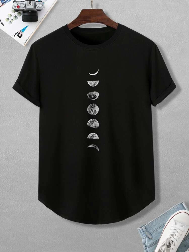 Fifth Avenue Moon Printed MIFT363 AOKI Dip Hem T-Shirt - Black