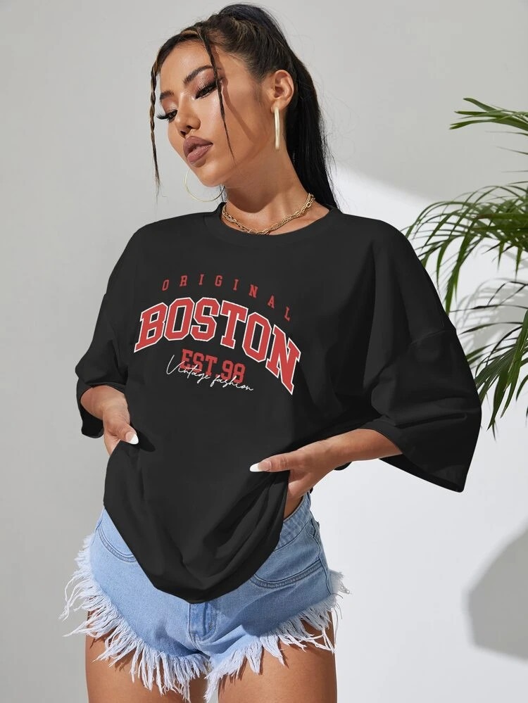 Fifth Avenue DIFT800 Boston Printed Oversized T-Shirt - Black