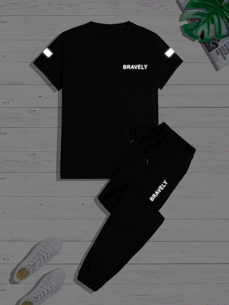 Mens Summer Printed Jogger Pants Co Ord Set by Fifth Avenue MSFACSS48 - Black Black