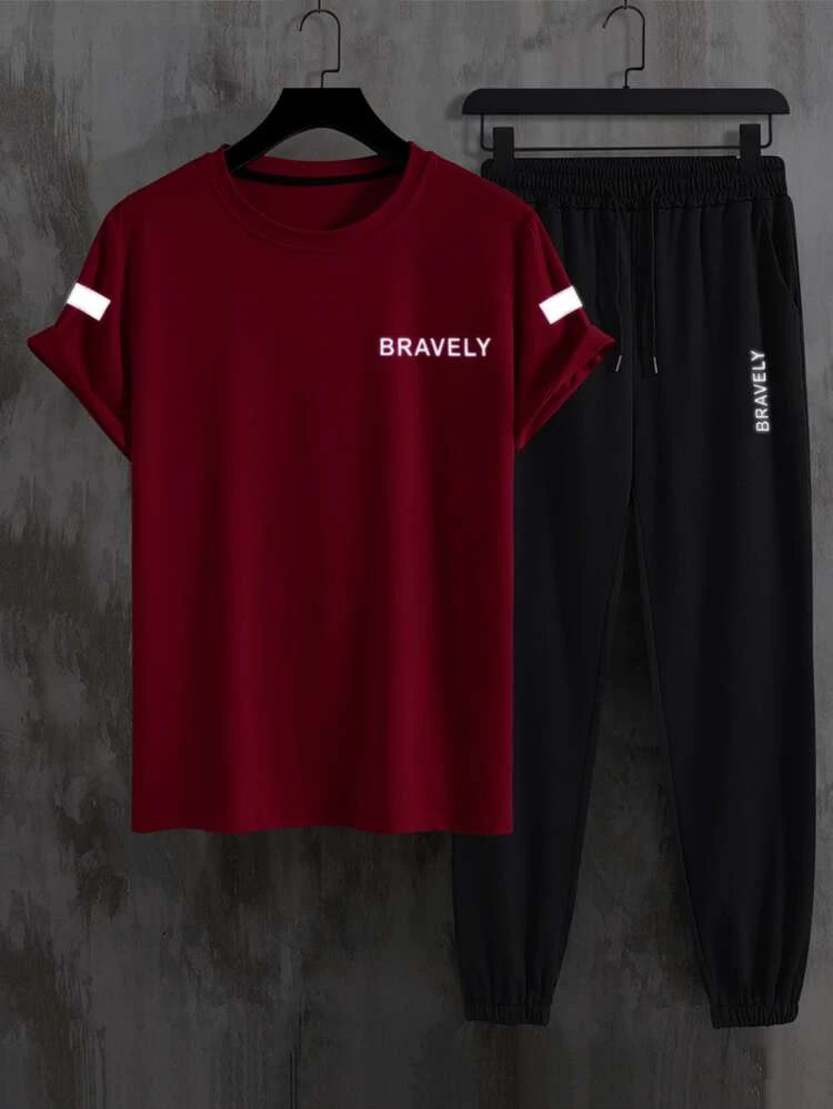 Mens Summer Printed Jogger Pants Co Ord Set by Fifth Avenue MSFACSS48 - Maroon Black