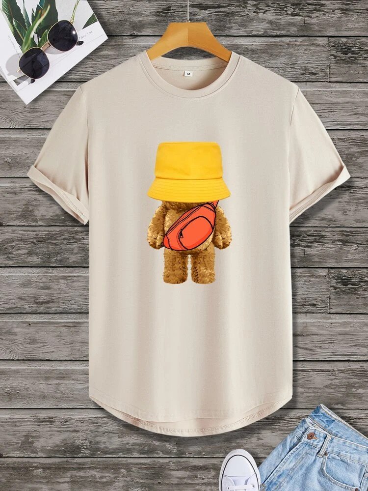 Fifth Avenue Bear Printed MIFT403 AOKI Dip Hem T-Shirt - Cream