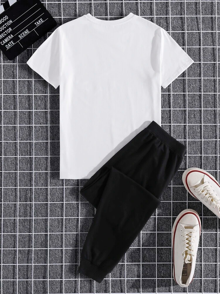 Mens Summer Printed Jogger Pants Co Ord Set by Fifth Avenue MSFACSS52 - White Black