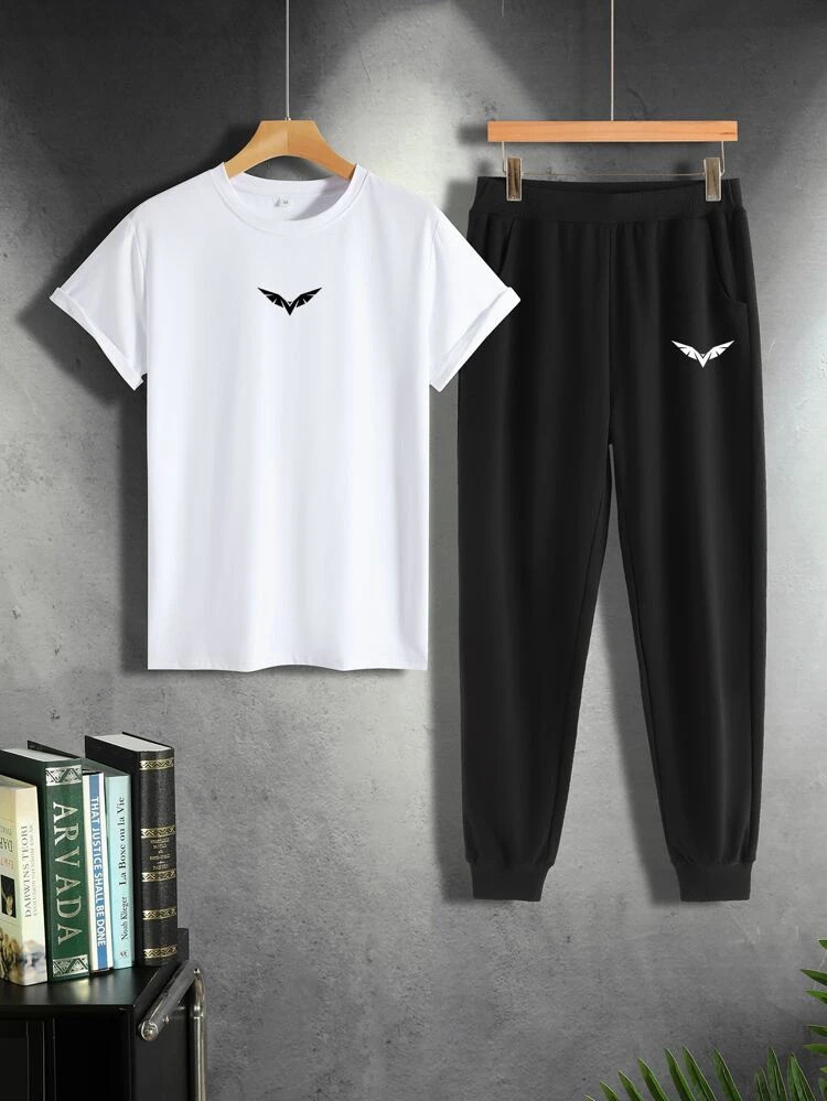 Mens Summer Printed Jogger Pants Co Ord Set by Fifth Avenue MSFACSS56 - White Black