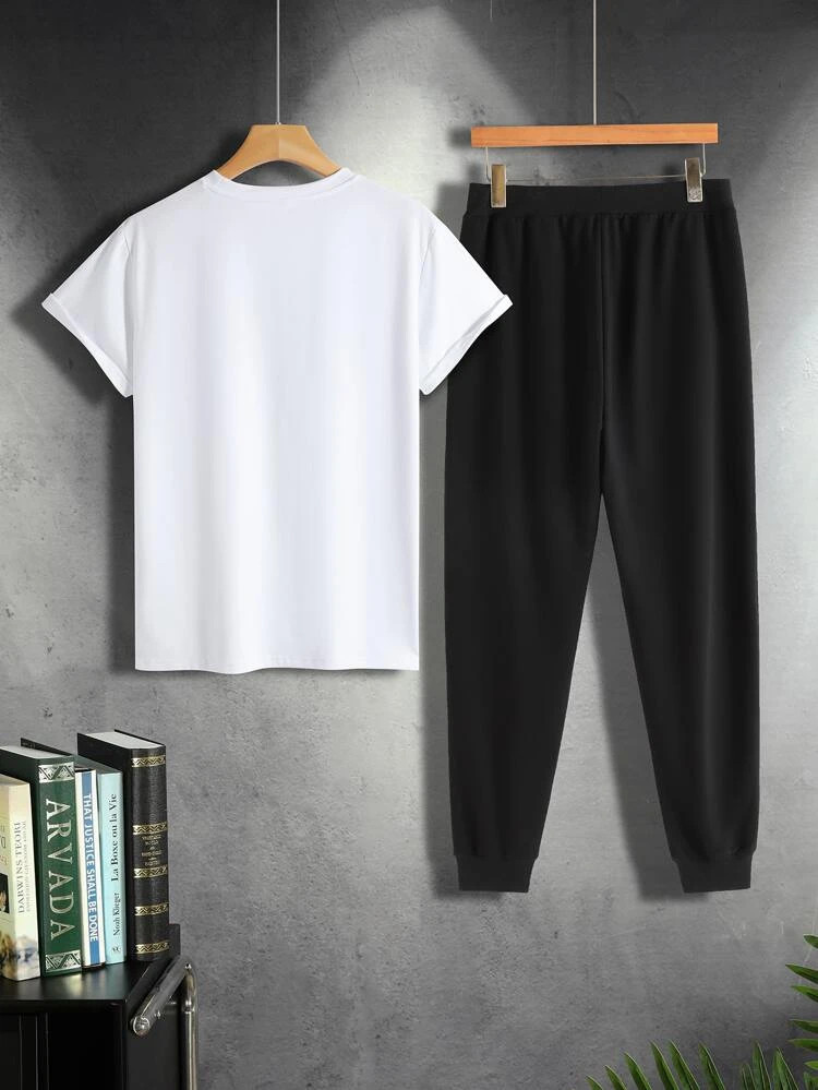 Mens Summer Printed Jogger Pants Co Ord Set by Fifth Avenue MSFACSS56 - White Black