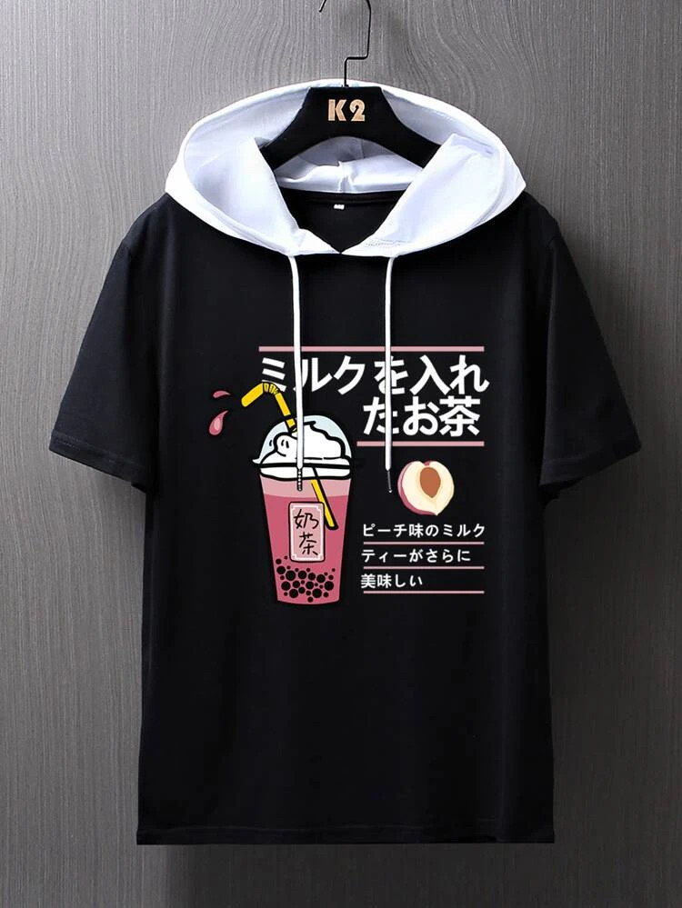 Fifth Avenue Drink Text Print MIFT411 Hooded ROKA T-Shirt - Black White