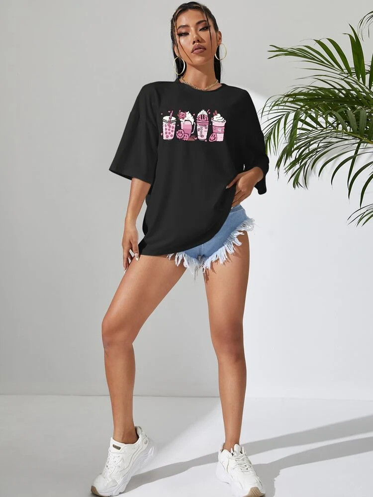 Fifth Avenue DIFT811 Coffee Printed Oversized T-Shirt - Black