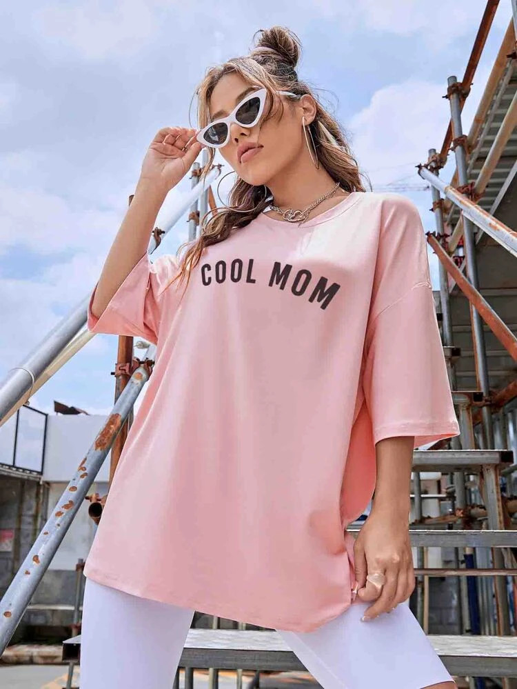Fifth Avenue DIFT812 Cool Mom Printed Oversized T-Shirt - Pink