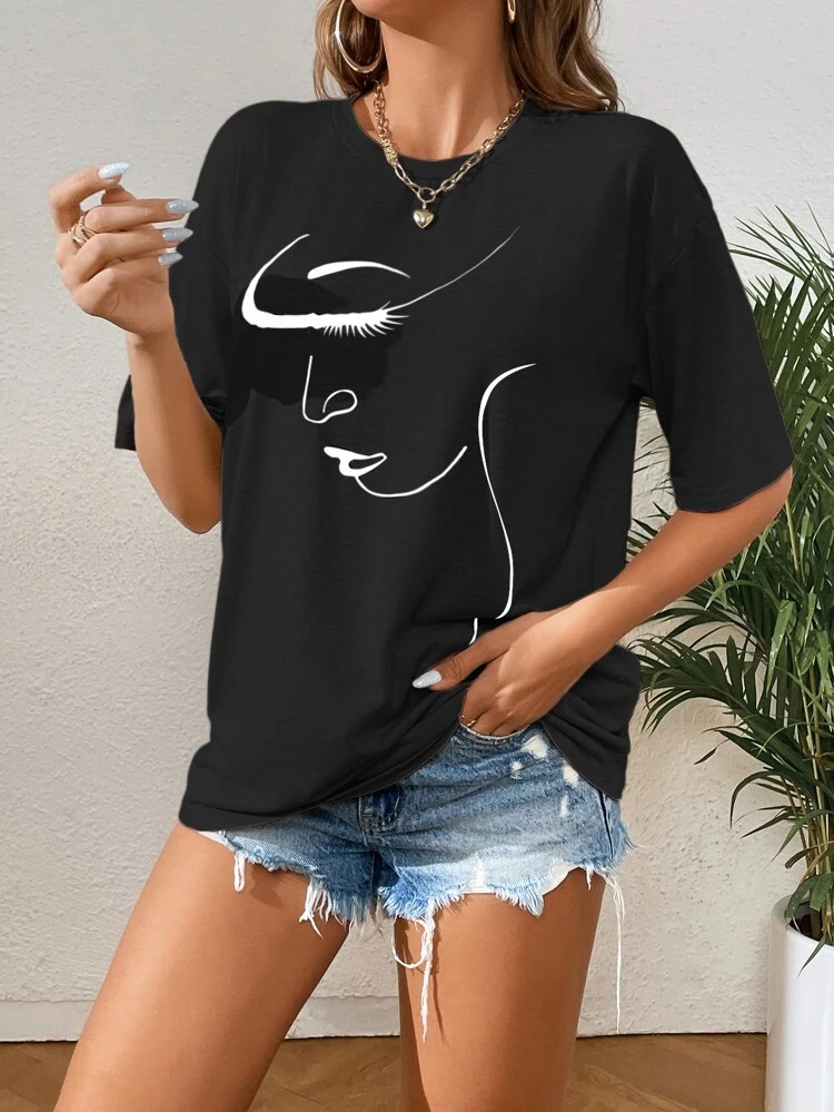 Fifth Avenue DIFT816 Figure Print Printed Oversized T-Shirt - Black