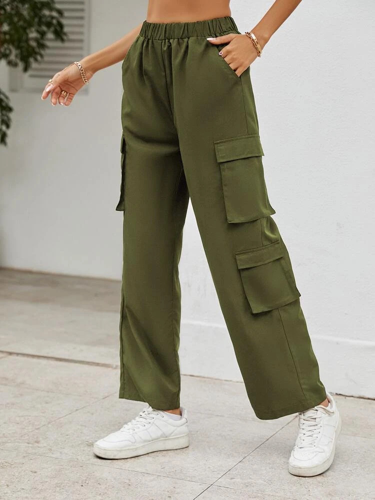 Fifth Avenue Women's Elastic Waist Pocket Detail Wide Leg Pants FAWLP117